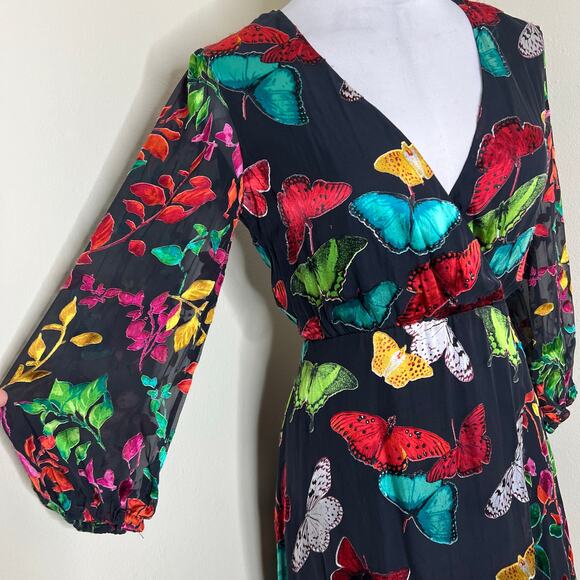 Alice + Olivia Jesse Wrap Dress 4/6 Silk Blend Whimsical Butterfly Leopard Midi - Picture 8 of 12